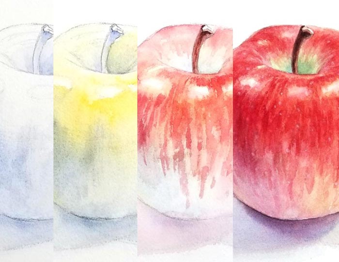 透明水彩で描くリンゴ 横浜のアートスタジオ Sissi シシ